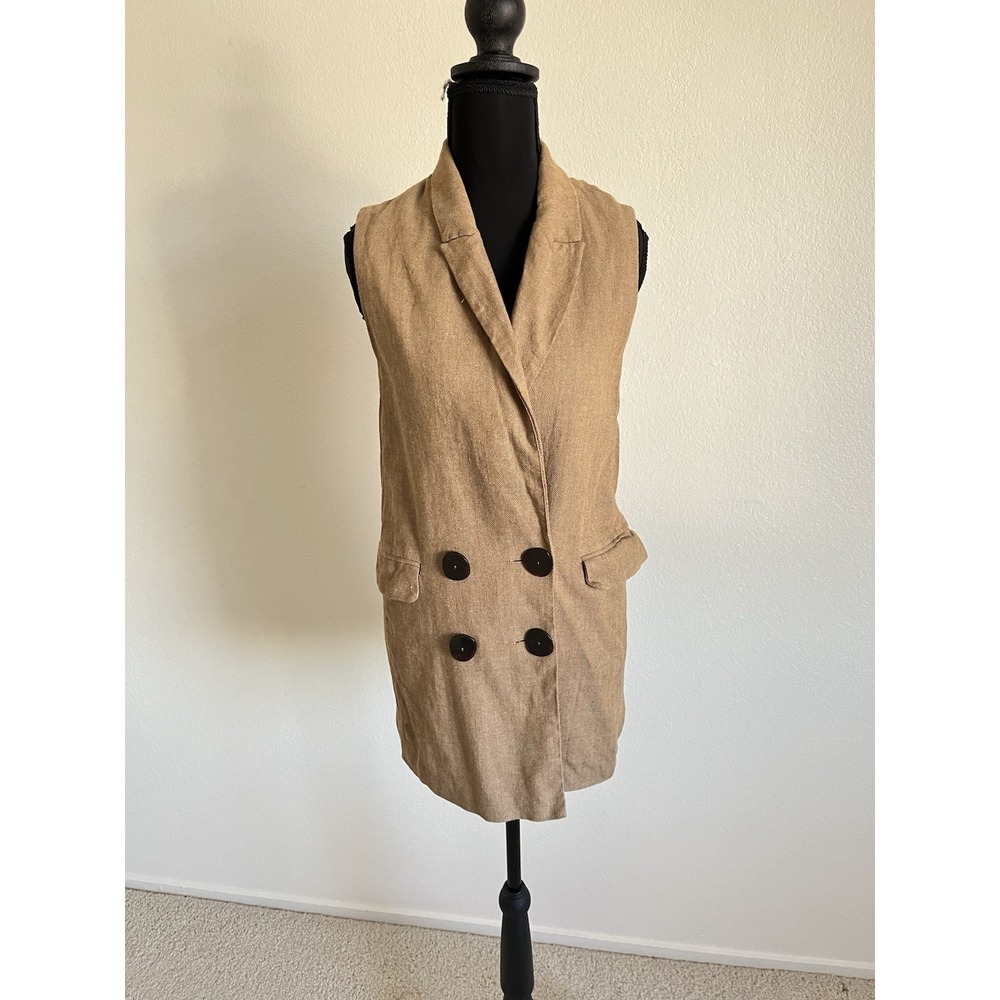 Mango MNG Casual Tan Linen Blend Herringbone Longline Vest Sleeveless Blazer XXS